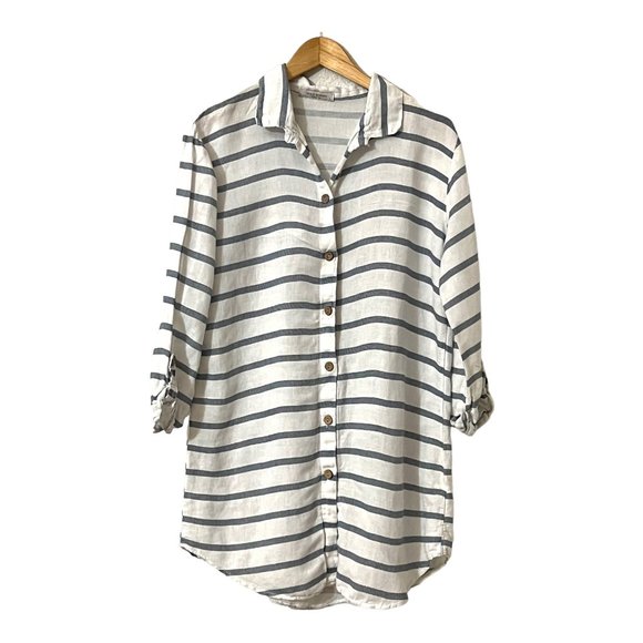 Viola Borghi Dresses & Skirts - Viola Borghi Women's Shirt Dress Striped Linen Roll Tab Sleeve Size L Italy